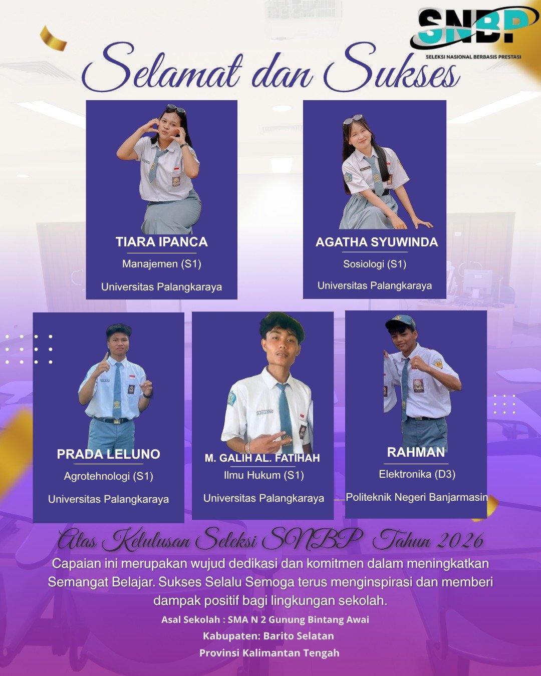 5 Siswa-Siswi SMAN 2 Gunung Bintang Awai Berhasil lolos Seleksi Nasional Berdasarkan Prestasi (SNBP) Tahun 2026